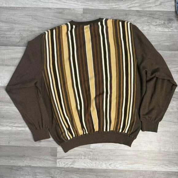 Vintage 90s 3D Knit Brown Striped Crewneck Sweater Size Large - Picture 3 of 5